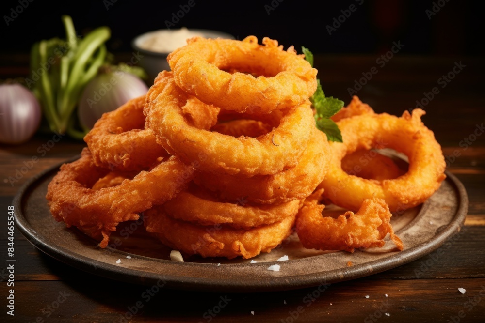 Stack of freshly fried onion rings garnished with herbs, on rustic plate against a dark background Stack of freshly fried onion rings garnished with herbs, on rustic plate against a dark background