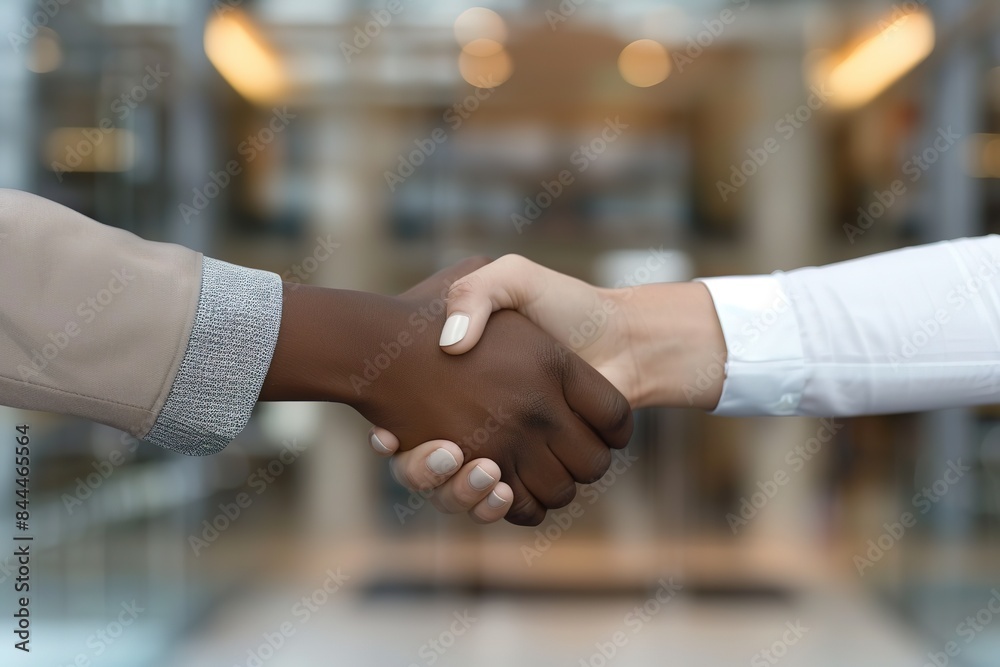 Two professionals in a firm handshake at a modern office. Two professionals in a firm handshake at a modern office.