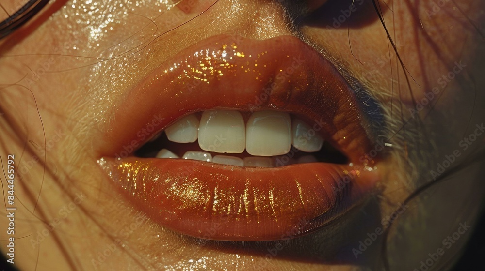 Obraz premium A woman with orange lipstick on her lips, smiling for the camera.