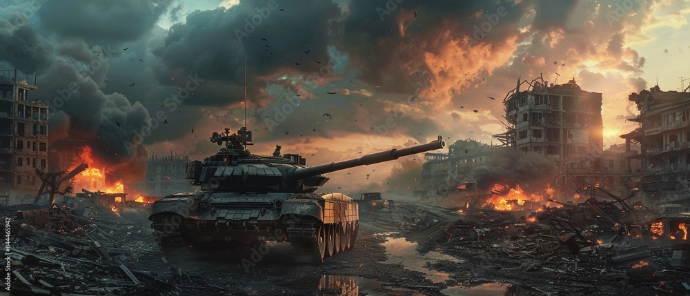 Armored tank in a devastated urban area, buildings on fire, dark clouds, high detail, war and destruction 8K , high-resolution, ultra HD,up32K HD