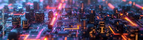 Advanced microchip with holographic projections, glowing circuits, tech cityscape, high detail, futuristic and intricate 8K , high-resolution, ultra HD,up32K HD
