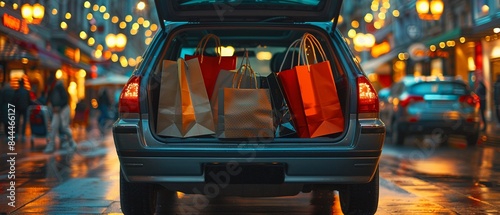 Car trunk loaded with shopping bags, mall in background, evening light, high detail, retail and lifestyle scene 8K , high-resolution, ultra HD,up32K HD