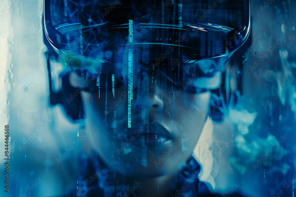Person in vr virtual reality goggles visiting metaverse gaming world tech addicted, Generative AI