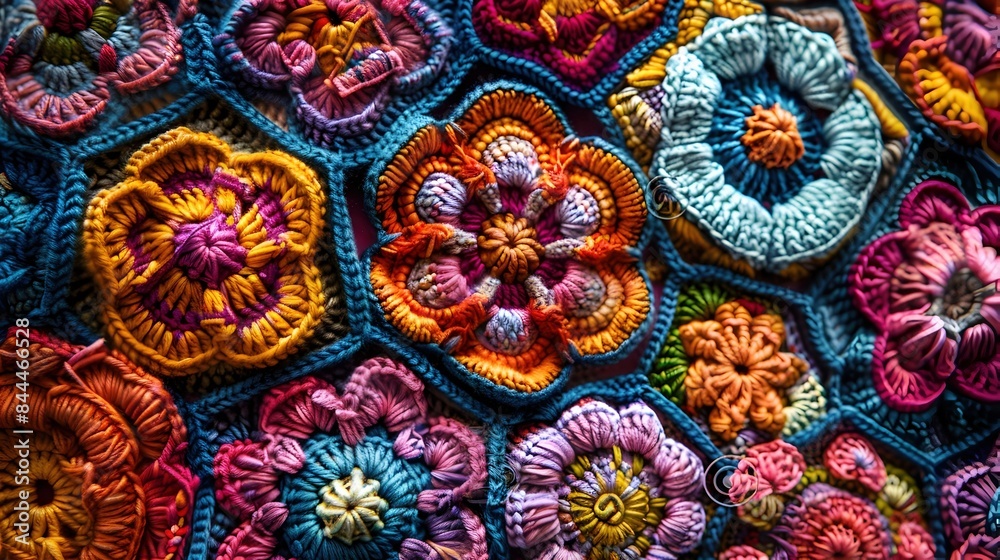 Fototapeta premium Vibrant Crochet Geometric Patterns and Floral Motifs in Soft Textured Yarn Craft Design