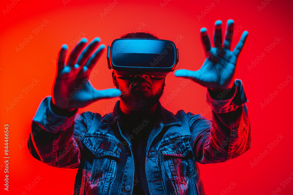 Person in vr virtual reality goggles visiting metaverse gaming world tech addicted, Generative AI