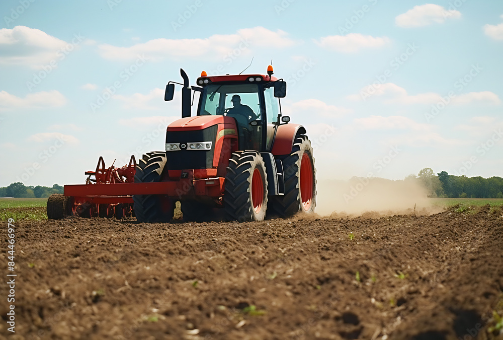 Fototapeta premium Tractor plowing a field on a sunny day