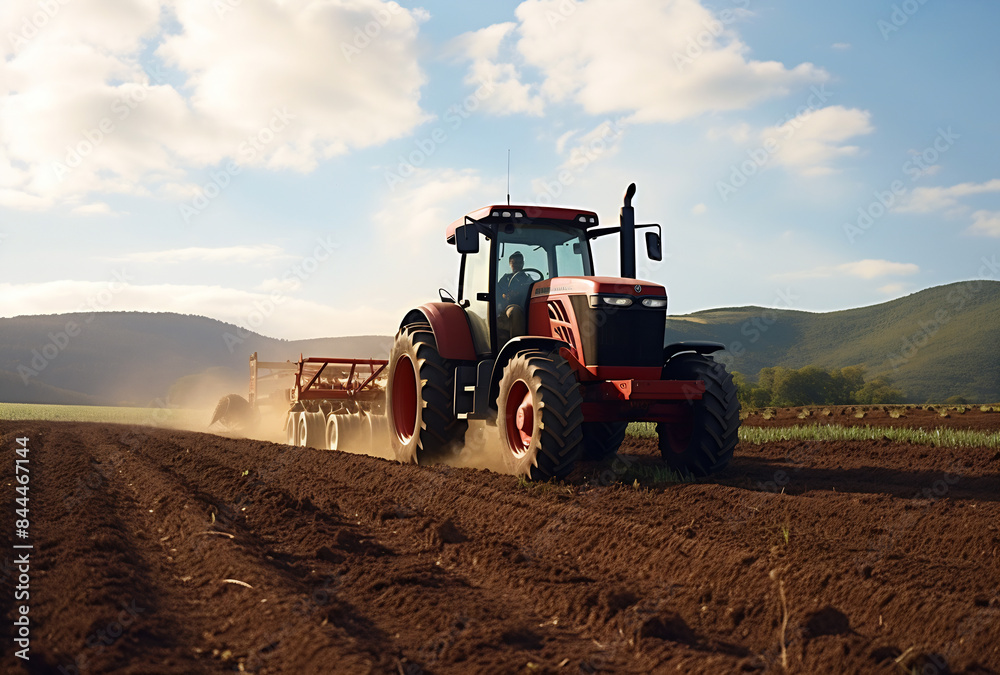 Fototapeta premium Tractor plowing field with plow