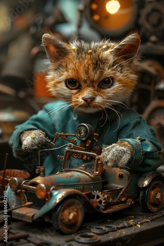 Whimsical Feline Mechanic Meticulously Repairing Vintage Mouse-shaped Toy Car in Cozy Workshop Setting