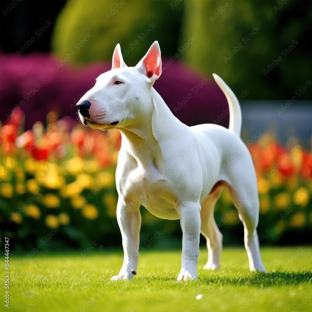 A bull terrier standing in a bright garden, an image generated by artificial intelligence