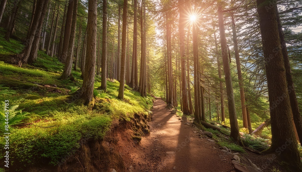 Obraz premium A serene forest trail bathed in the soft, golden light of the sun. Tall trees with lush green foliage line the path, casting long shadows across the trail. 