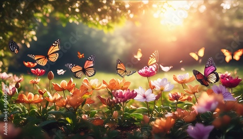 A picturesque scene of butterflies fluttering in a sunlit flower garden. Vibrant flowers in shades of pink, orange, and purple bloom abundantly, creating a colorful backdrop.  © CoffeeeCraze