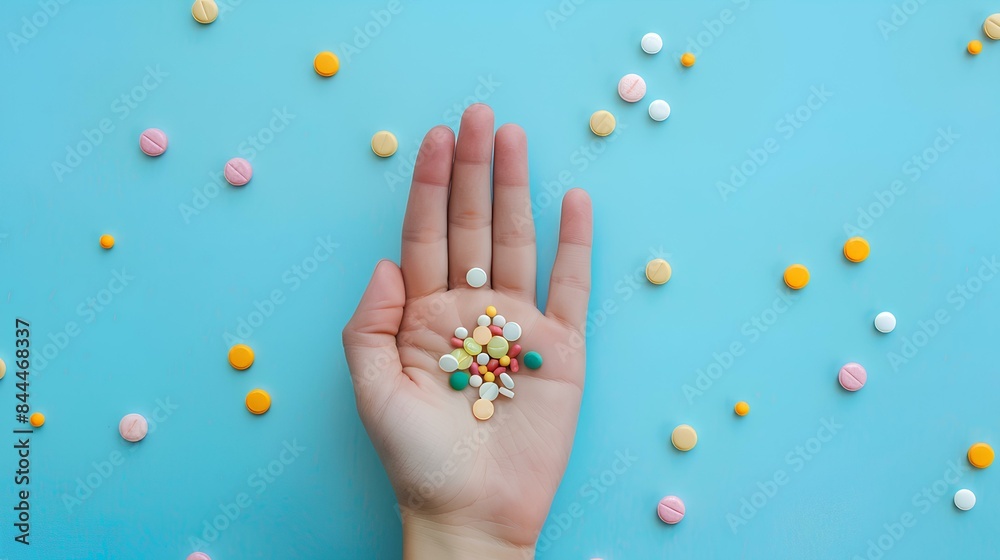 Hand holding various colorful pills on a blue background Hand holding various colorful pills on a blue background