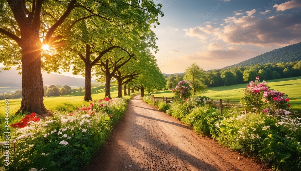 A picturesque countryside road bathed in the golden light of sunset. The dirt path winds through lush green fields and trees, with a solitary tree standing prominently on the left. 