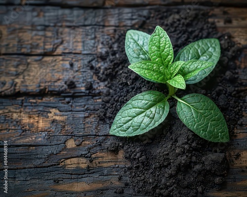 Close-up of a green plant seedling growing in rich soil on a rustic wooden background, symbolizing growth and nature. photo