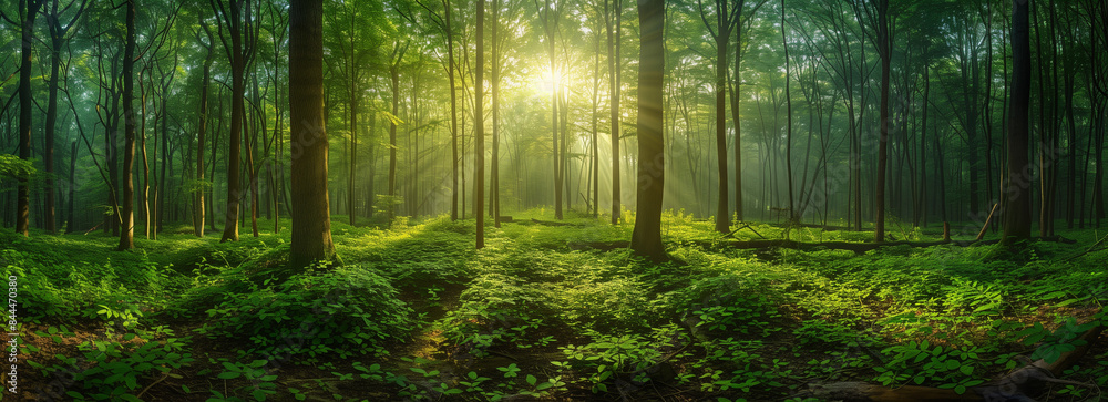 Fototapeta premium Sunlight in a green forest. Forest sunbeam. Ray of sunlight in forest green. Mossy forest with sunbeam
