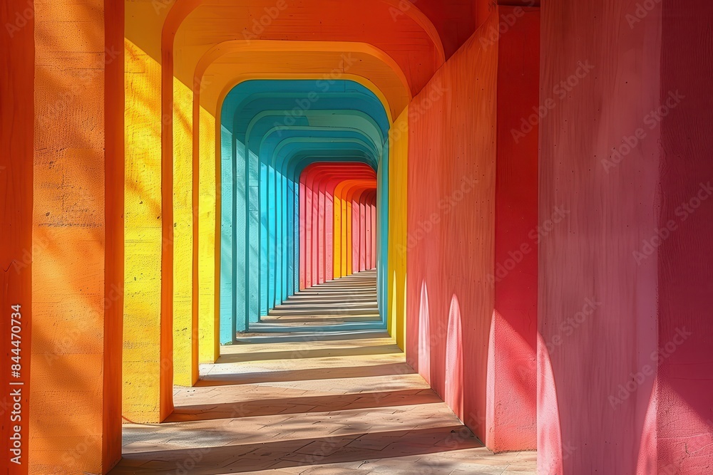 Fototapeta premium Vibrant Arched Corridor, Brightly colored arched walkway with sunlight, Architectural Beauty.