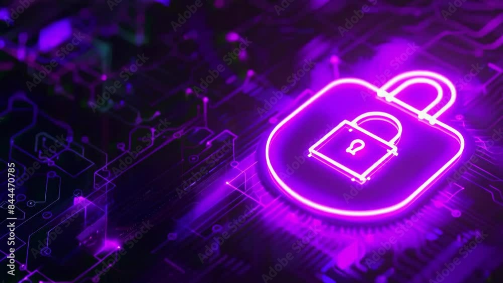 glowing purple neon shield lock symbol on circout board in digital vr space as a concept of cybersecurity background animation design - 4k new beautiful colorful stock video footage AI glowing purple neon shield lock symbol on circout board in digital vr space as a concept of cybersecurity background animation design - 4k new beautiful colorful stock video footage AI
