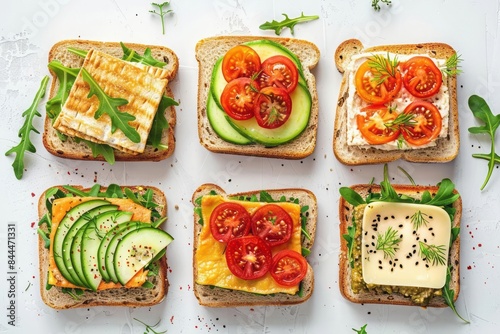 Various of vegan sandwiches on a light background. Healthy toasts with cheese, avocado, arugula, tomatoes and hummus. Healthy eating