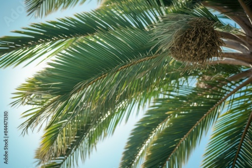 Close-up view of a weaver bird s nest hanging from the fronds of a tropical palm tree against a blue sky