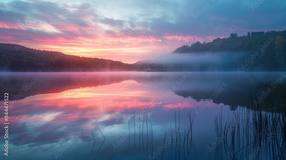 A serene lake mirrors a vibrant sunrise with mist rising, evoking tranquility and promise of new beginnings. A serene lake mirrors a vibrant sunrise with mist rising, evoking tranquility and promise of new beginnings.