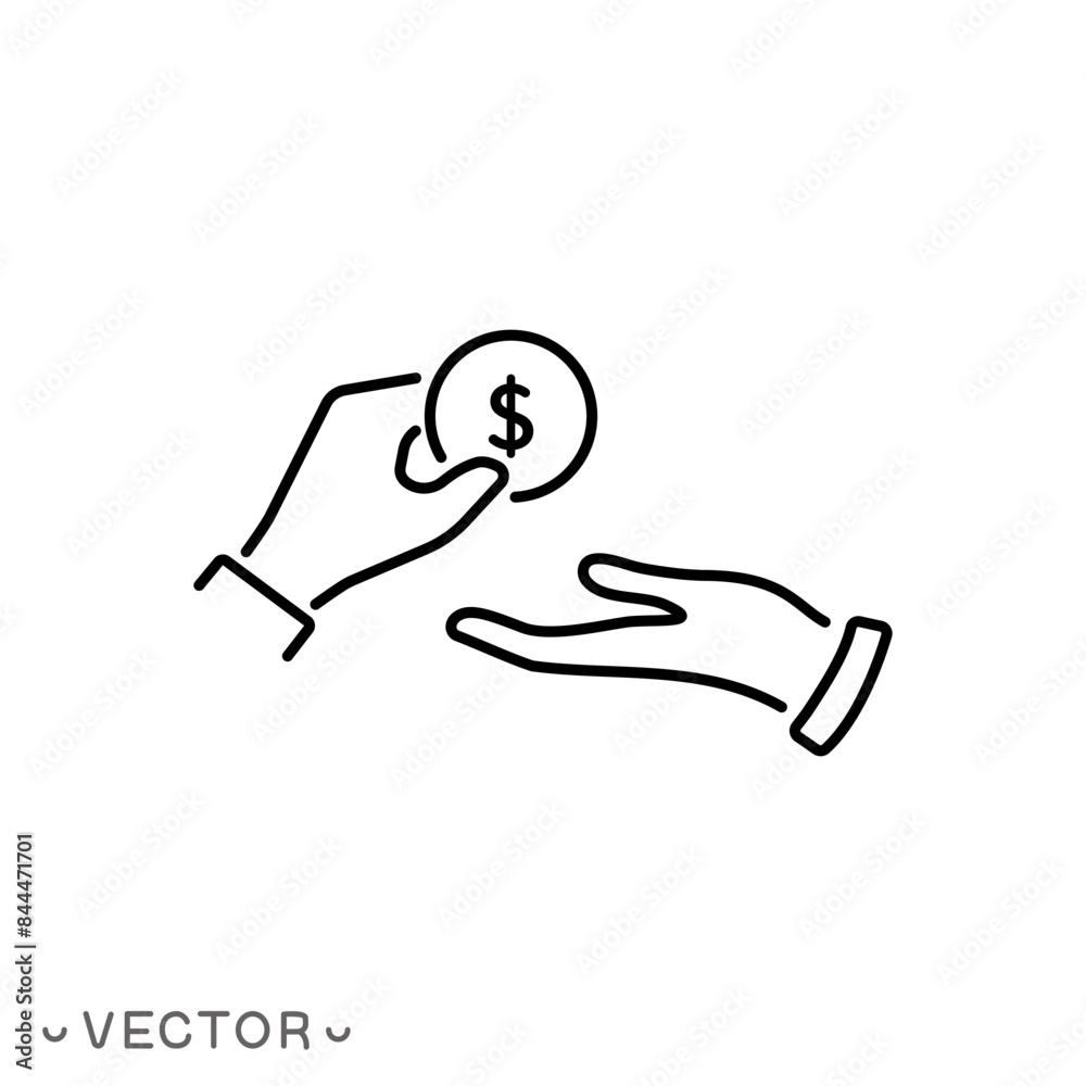 pay icon, hand with coin, cash payment, give money, donation concept, thin line symbol isolated on white background, editable stroke eps 10 vector illustration pay icon, hand with coin, cash payment, give money, donation concept, thin line symbol isolated on white background, editable stroke eps 10 vector illustration