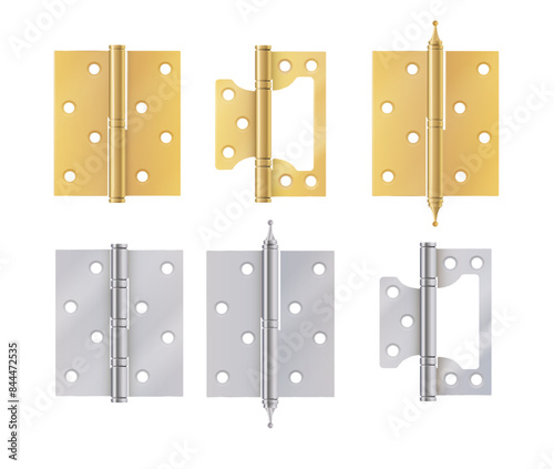 Golden door hinges construction hardware. Realistic set of gold tools for joint gates and windows metal hinges for house and furniture. vector