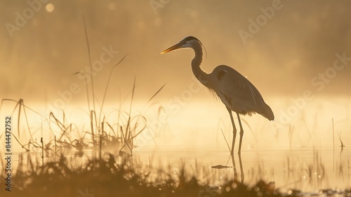 A misty morning in wetlands  a heron poised to strike  embodying serene beauty and quiet anticipation.