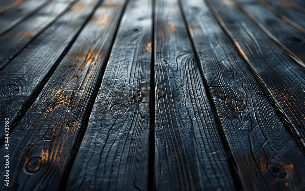Close-up of dark wooden planks with beautiful texture and grain, highlighted by soft golden light for a rustic and warm ambiance.