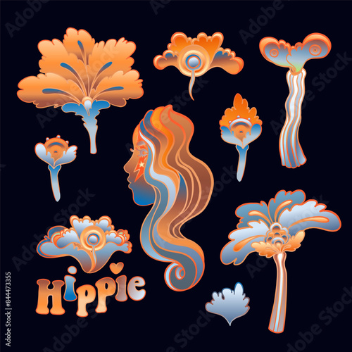 Colorful flower set, retro 60s, 70s hippie style. Vintage psychedelic vector ...