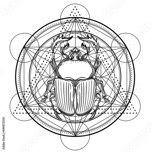 Sacred geometry with egypt symbol. Wings and all seeing eye. Alchemy, religion, spirituality, occultism. Isolated vector illustration. Conspiracy theory. Drawing tattoo art. Coloring book.