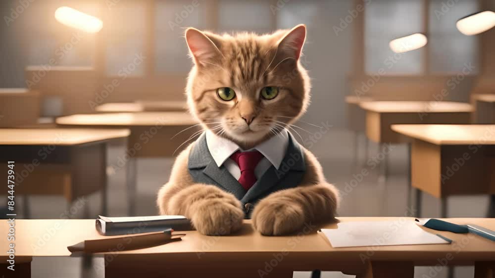 custom made wallpaper toronto digitalA serious tabby cat wearing a suit sits at a desk in a classroom during autumn, symbolizing back-to-school and academic focus