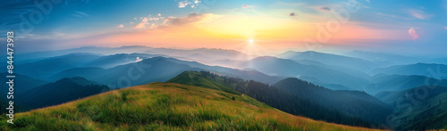 Mountain landscape on a sunny autumn day. View of the mountain slopes and dirt road. Beautiful nature landscape. Carpathian mountains