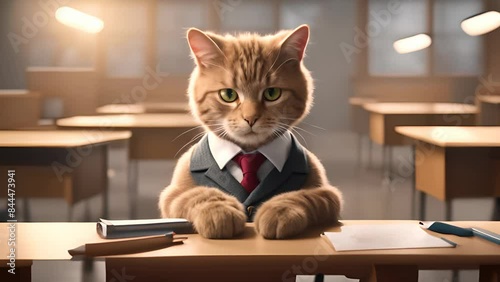 Wallpaper Mural A serious tabby cat wearing a suit sits at a desk in a classroom during autumn, symbolizing back-to-school and academic focus Torontodigital.ca