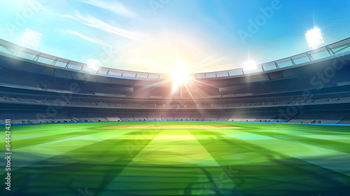 Cricket stadium with green field and cloudy sky concept of world cup match in background