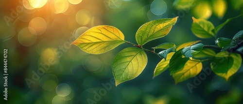 Close-up of leaves with sunlight shining through, creating a warm and serene feeling of nature and tranquility. © Nat