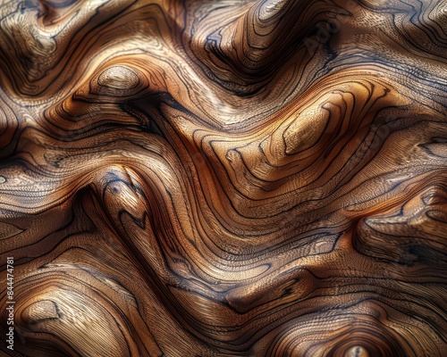 Close-up of natural wood grain with abstract swirling patterns, showcasing rich textures and warm earthy tones for background or design.