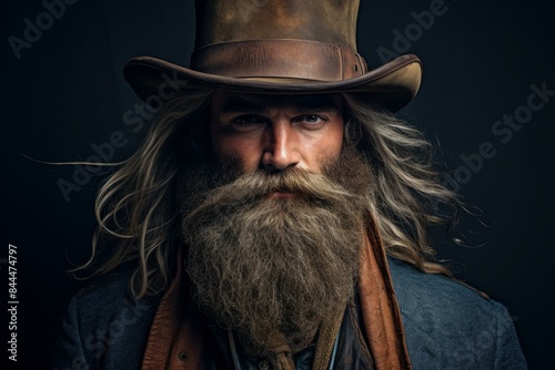 Portrait of a man with an impressive beard and mustache, donning a vintage cowboy hat photo