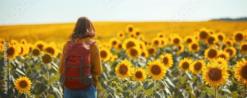 Backpacker in an eternal sunflower field, bright yellows, clear sky