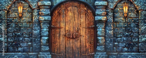 A wooden door with an ornate lock and key, in the fantasy style, in the style of dungeons  dragons, game design, in the fantasy artstyle, game background, game UI
