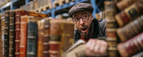 Book lover discovering first editions in a warehouse, excited expression, historical treasures © Samon