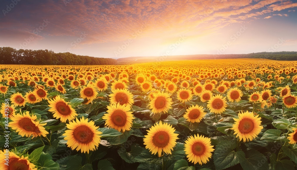 Obraz premium A breathtaking view of a vast sunflower field at sunset. The golden sunflowers stretch out to the horizon, their bright petals glowing under the warm light of the setting sun.