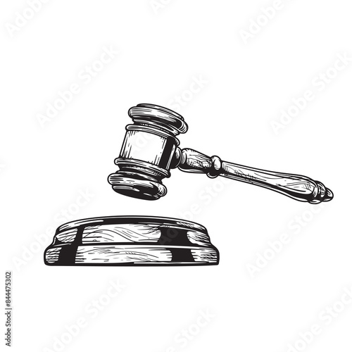 Gavel sketch drawing. Hand drawn hammer of judge or auctioneer. Vector illustration isolated on white background.
