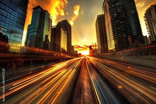 Cityscape with light trails at sunset. Dynamic urban view with skyscrapers.