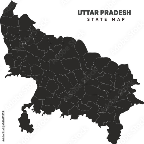 Uttar Pradesh vector map on white background. Location map of UP, a state in North India. Uttara map vector illustration. with white strokes for districts. Meerut, Banaras, kashi photo