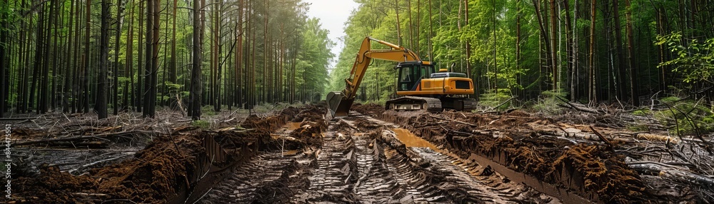 Clearing a path to a forest warehouse, heavy machinery and trees, nature meeting industry Clearing a path to a forest warehouse, heavy machinery and trees, nature meeting industry