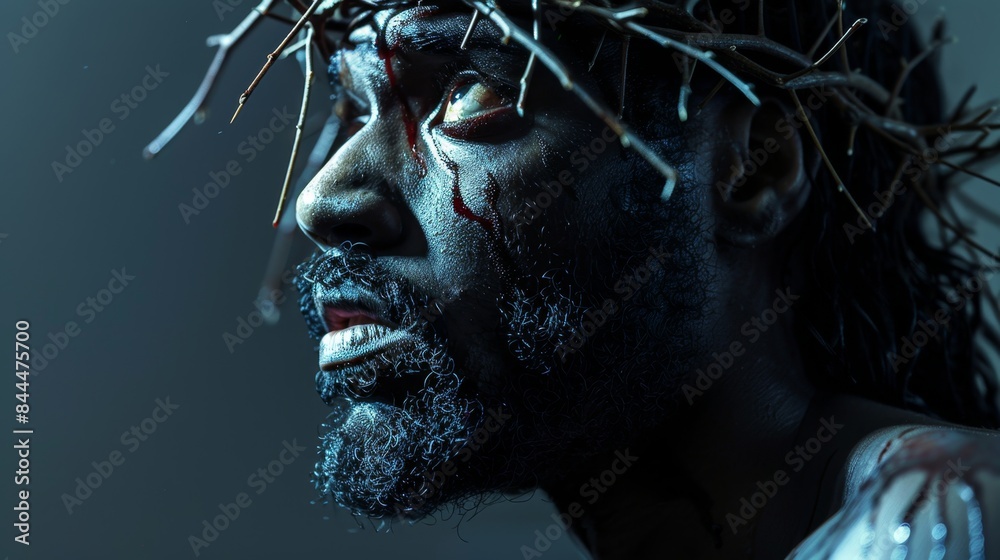 Dramatic portrait of black Jesus Christ with crown of thorns Dramatic portrait of black Jesus Christ with crown of thorns