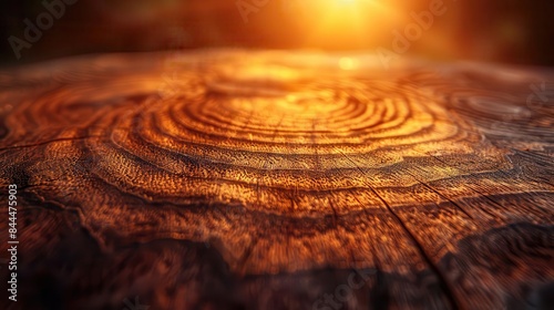Close-up of tree rings in warm sunlight, highlighting texture and natural patterns. A beautiful representation of nature's growth and history.
