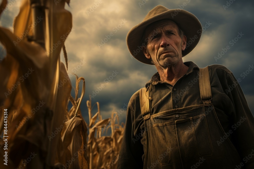Solemn farmer stands in a cornfield, with stormy skies overhead, reflecting on the day's work Solemn farmer stands in a cornfield, with stormy skies overhead, reflecting on the day's work
