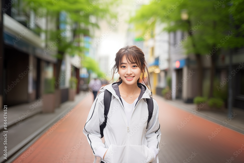 Teen pretty Japanese girl at outdoors with a student backpack Teen pretty Japanese girl at outdoors with a student backpack