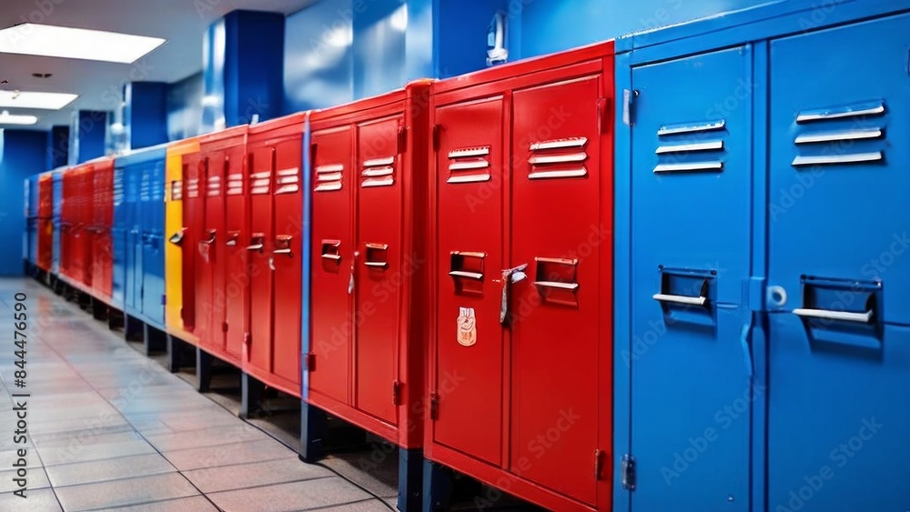 changing room - corridor with blue lockers on both sides. this is a school or gymnasium. Artificial lighting changing room - corridor with blue lockers on both sides. this is a school or gymnasium. Artificial lighting